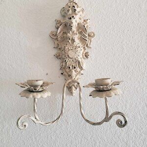 Vintage Hollywood Regency French Country Cast Iron Wall Candle Sconce